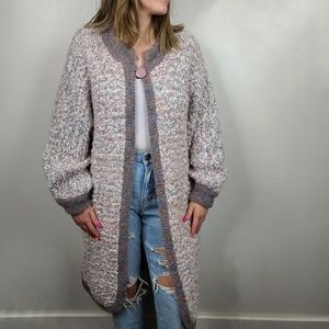 Vtg 80's Yves Venet Purple & Cream Boucle Knit Cozy Cacoon Duster Cardigan Coat